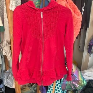 evy's tree Bright Red Hooded Zip Sweatshirt with Ruffle Hem